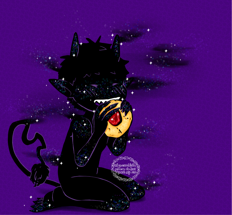 Character name: Midnatt. A little creature, pitch black with purple outlines. They have four fingers on their hands and toes, as well as shark teeth. They have a long tail that ends in a tuft of fluff. Dark clouds swirl out from them, a myriad of stars covering their skin and floating around them. They're sitting down, holding a jam cookie in both hands, they're so small. Their mouth is open wide as they're about to take a bite out of it, eyes closed.